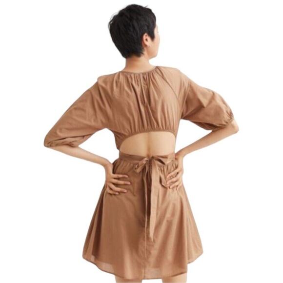 H&M Cotton Puff Sleeve Tie Waist Dress Plus Size XXL Tan Boho Travel - Picture 2 of 11